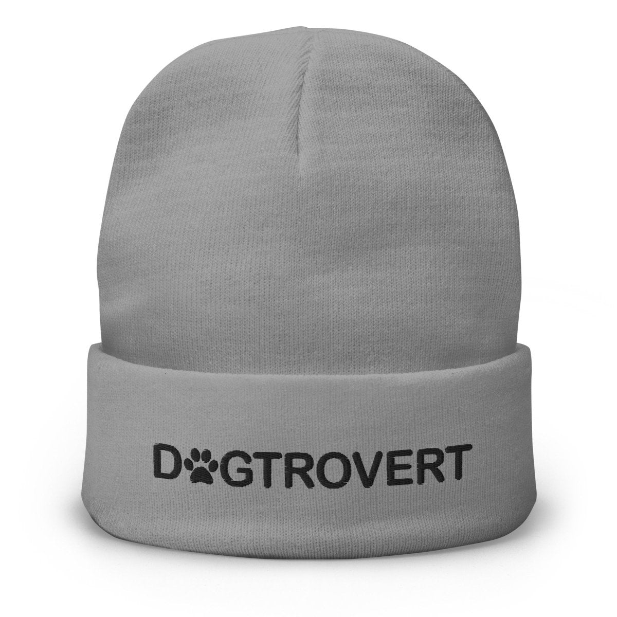 Grå beanie med texten Dogtrovert – broderad mössa för hundägare från Pyntat.