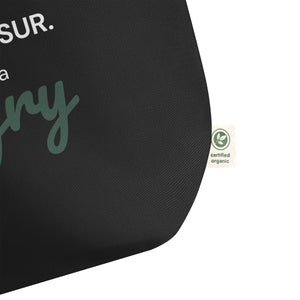 Svart tygpåse XL med hangry-tryck – närbild på certified organic.