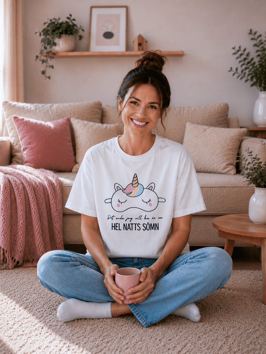 Kvinna i oversize t-shirt med roligt föräldracitat "Det enda jag vill ha är en hel natts sömn" designad av Pyntat.