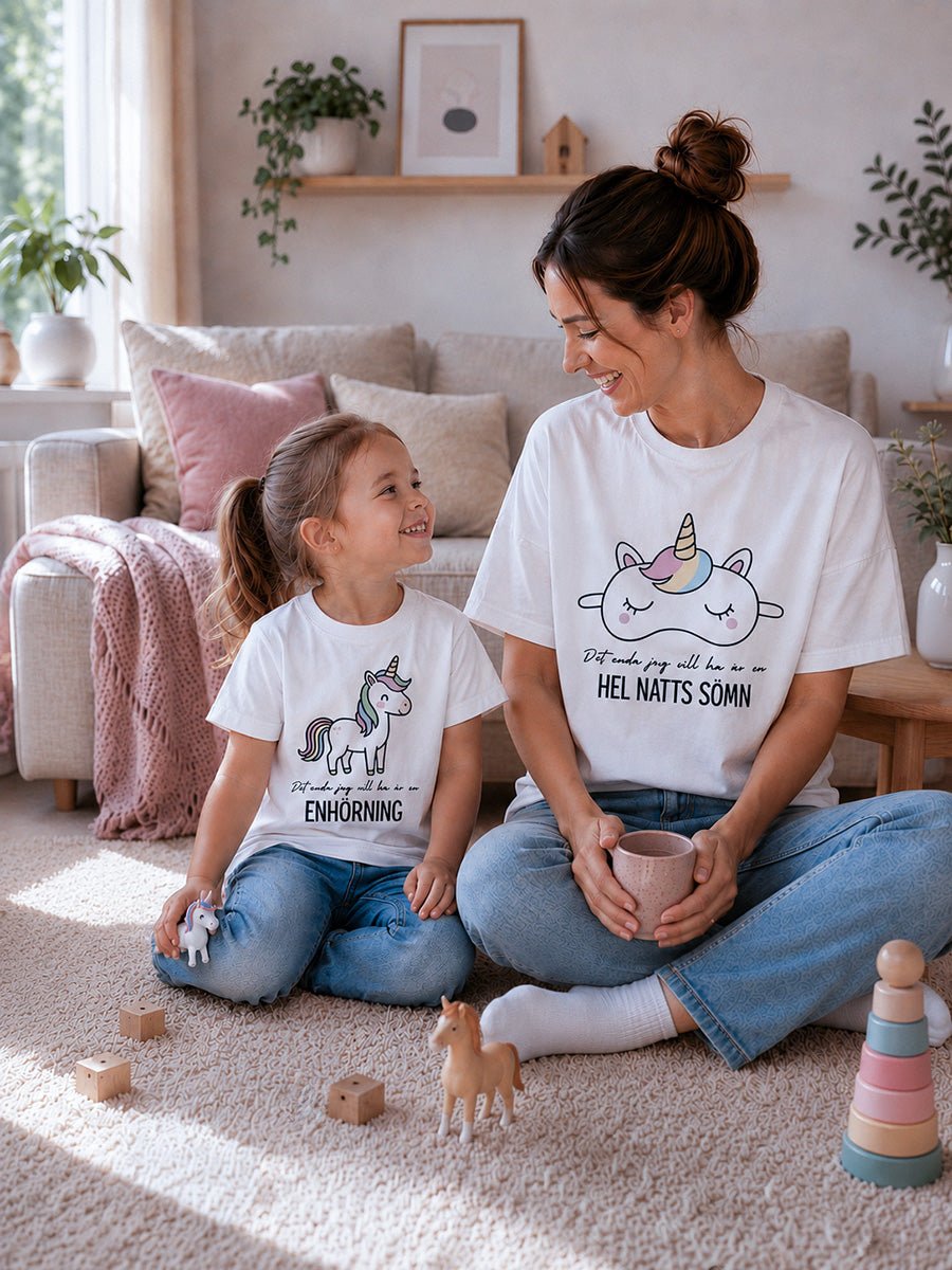 Matchande t-shirts för barn och vuxen med enhörning från Pyntat.