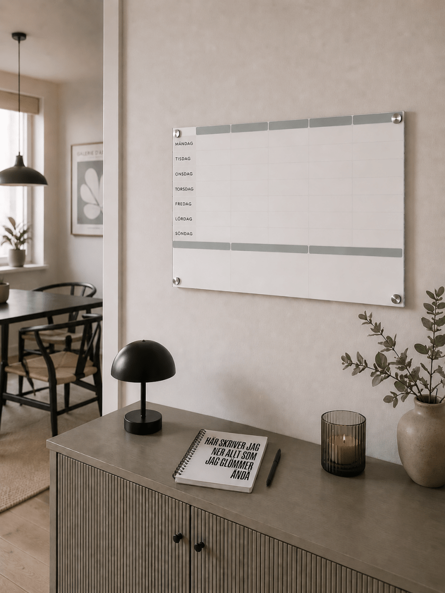Vit akryl veckoplanerare 40x60 cm monterad på vägg i hemmiljö från Pyntat.